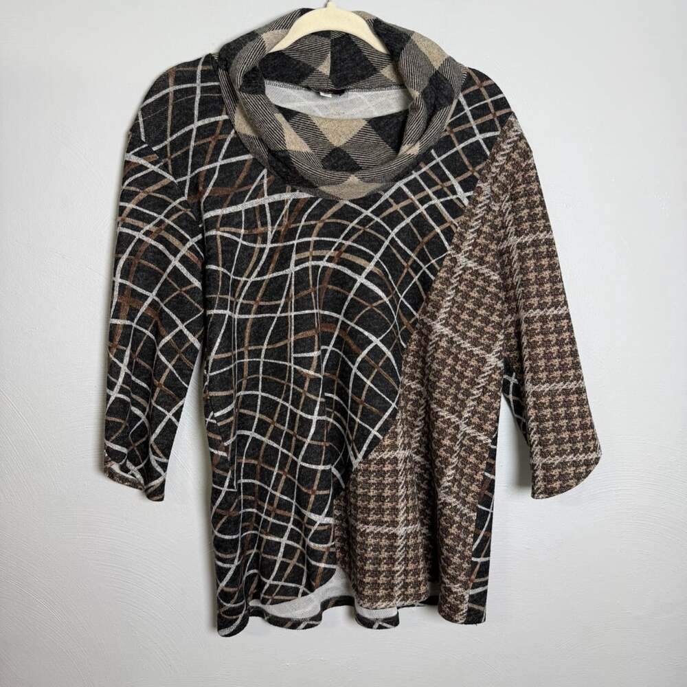 Andria Lieu Cowl Neck Tunic Top Size L Plaid Abstract Print